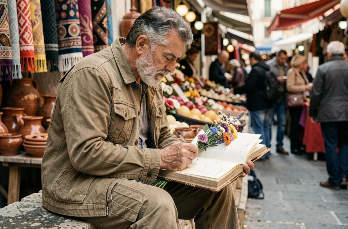 Homme consultant un carnet de voyage en cuir dans un marché méditerranéen coloré