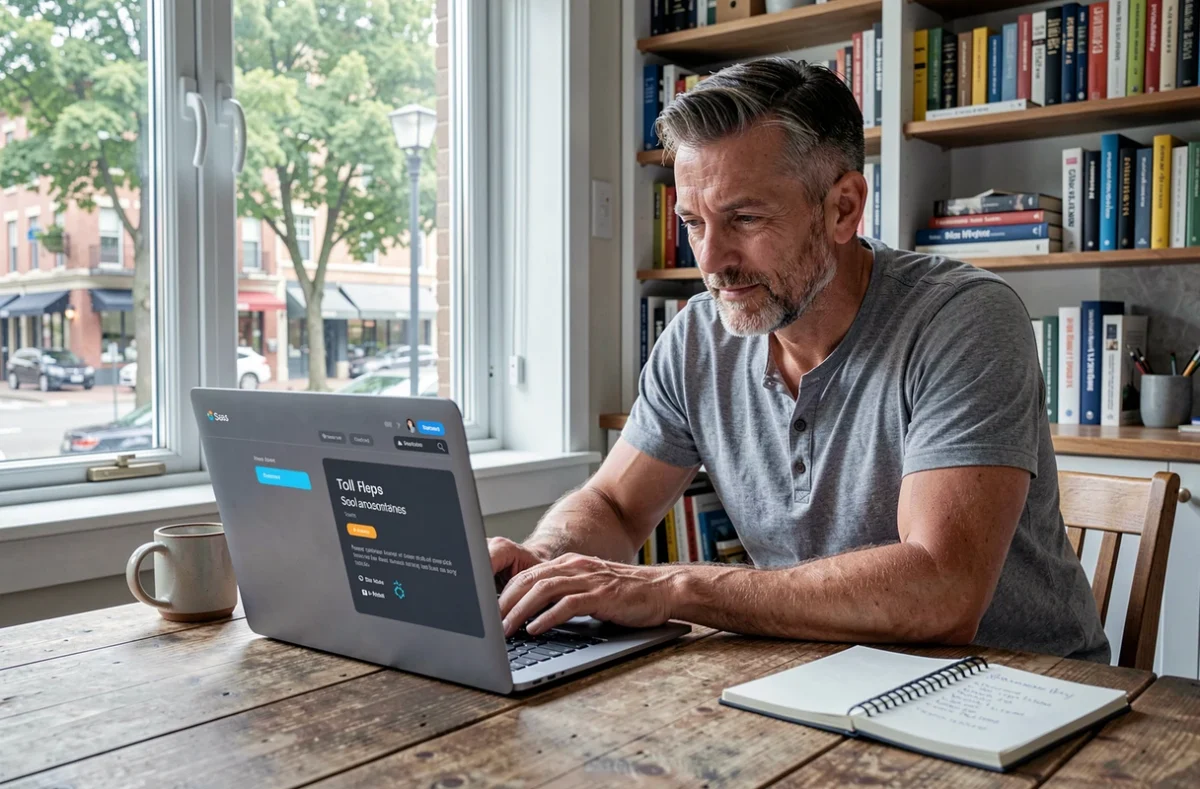 Homme consultant les derniers outils et actualités d'une plateforme en ligne depuis son espace de travail à domicile