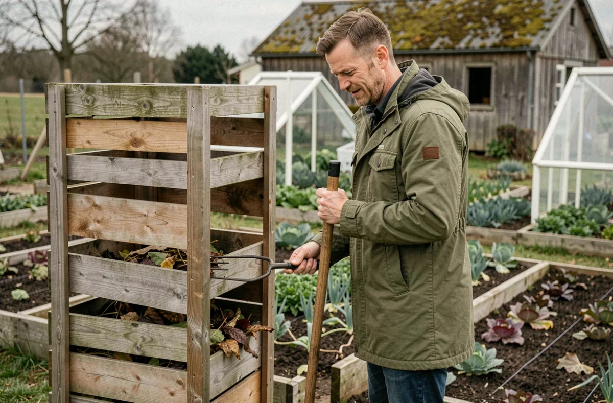 Homme jardinier en veste olive utilisant une fourche près d'un composteur en bois dans un potager hivernal avec serre froide