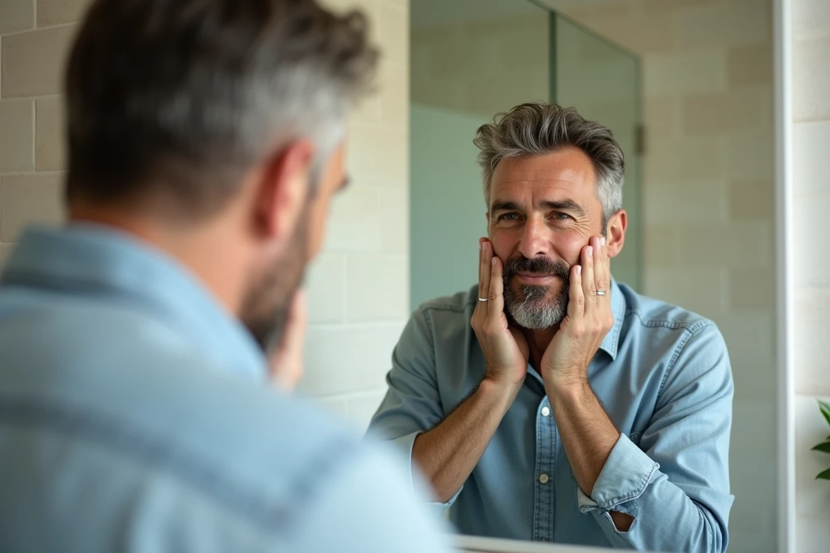 Homme se regardant dans le miroir de la salle de bain