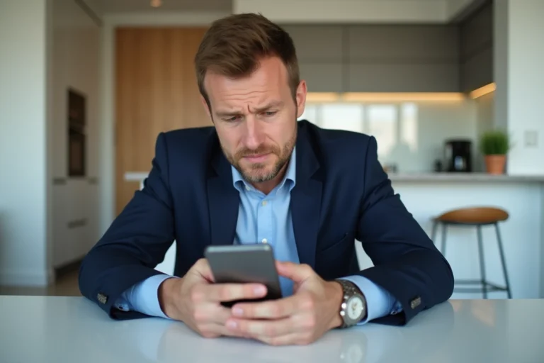 Homme d'âge moyen avec smartphone dans un appartement moderne