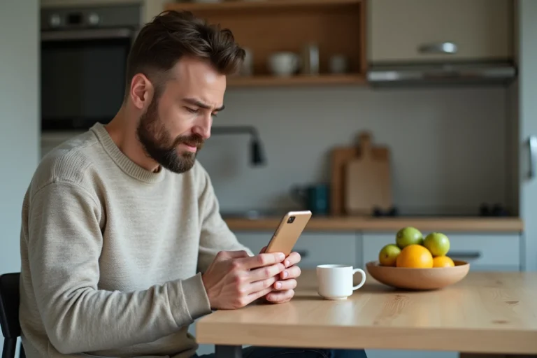 Homme d'âge moyen regardant son smartphone en matinée