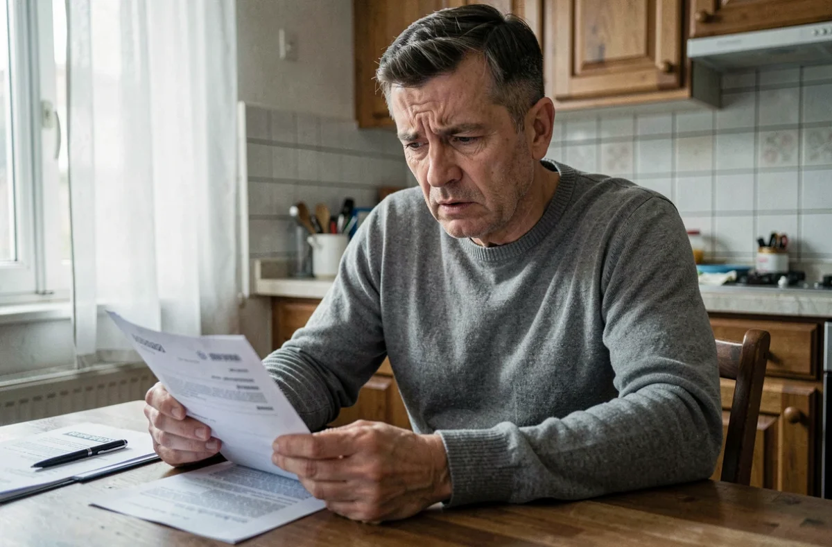 Homme stressé examinant des documents d'assurance auto impayés à une table de cuisine, illustrant la résiliation pour non-paiement de prime