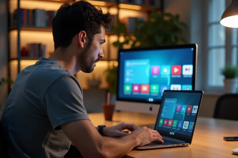 Homme installant Android TV sur un PC portable dans un bureau à domicile moderne