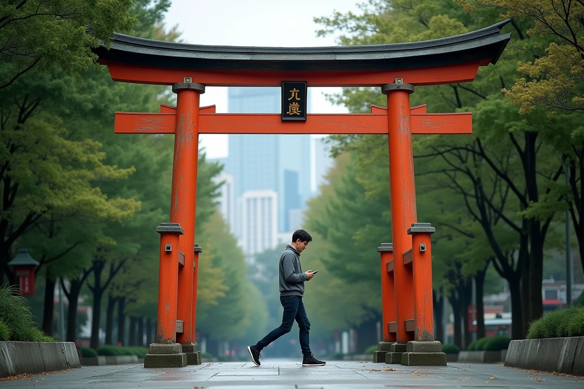 Torii vermillon dans un parc urbain de Tokyo avec un jeune homme japonais en tenue décontractée passant devant