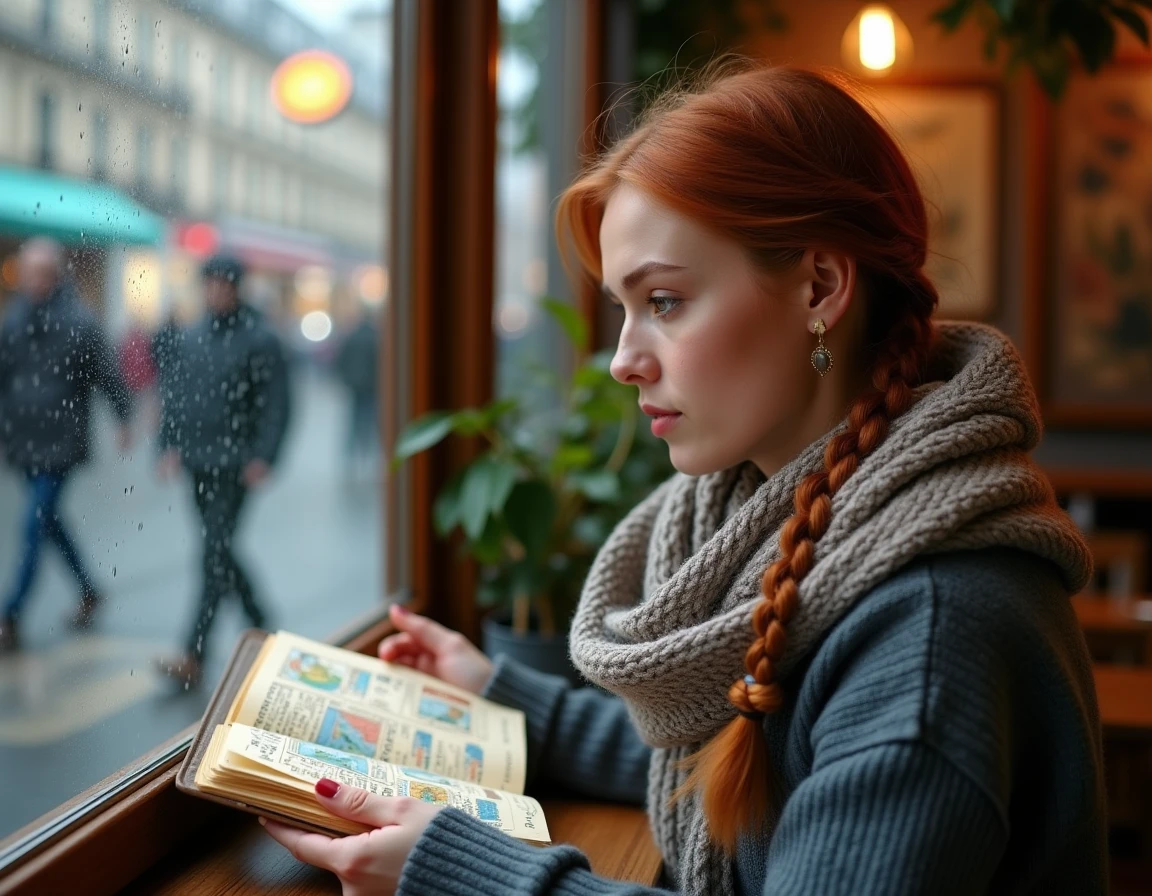 Jeune femme feuilletant un carnet de voyage illustré dans un café européen sous la pluie