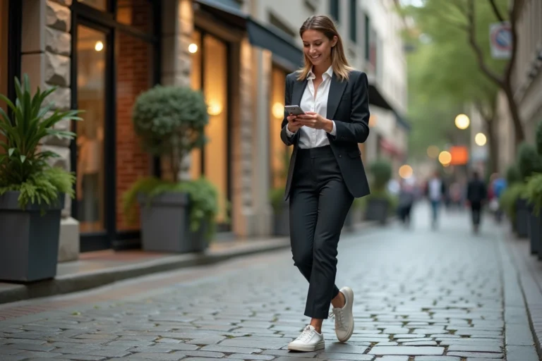 Jeune femme mode urbaine marche dans la ville en tailleur et sneakers