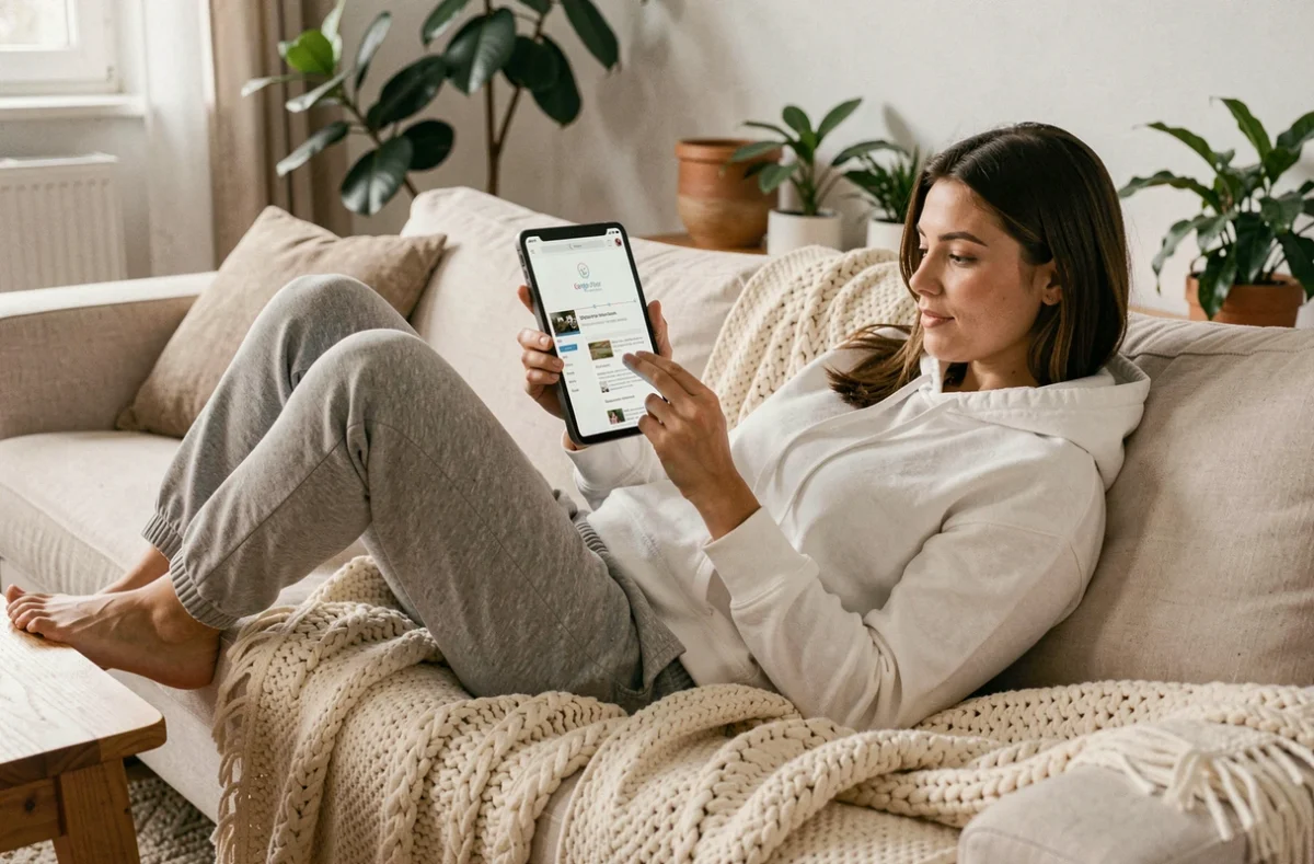 Jeune femme explorant le plan du site d'un blog bien structuré depuis son canapé