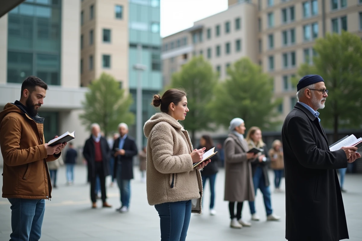 Groupe de personnes diverses dans une place publique moderne symbolisant la laïcité et la diversité culturelle mondiale