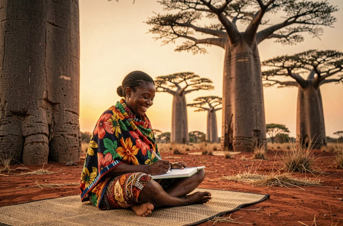 Femme malgache dessinant dans un carnet près de l'Allée des Baobabs à Morondava, loisir créatif en pleine nature à Madagascar