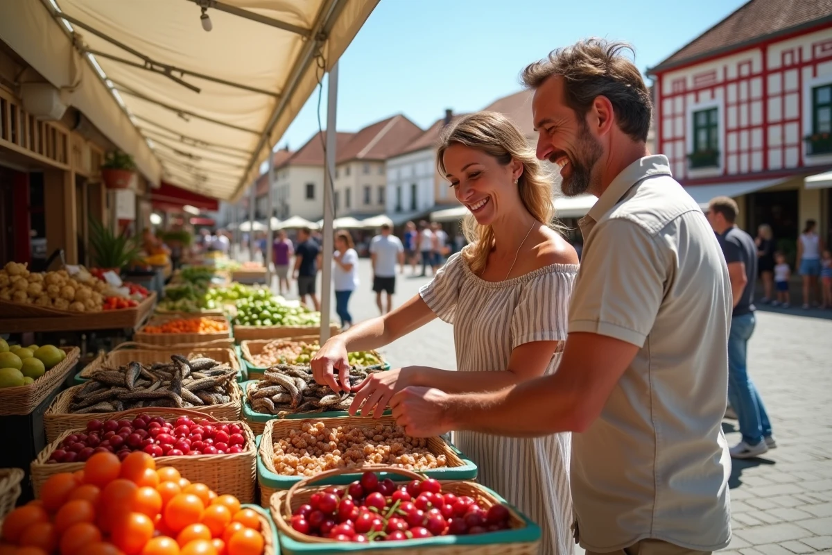 Couple faisant leurs courses au marché de plein air d'une ville balnéaire du Pays basque français avec vue sur la mer
