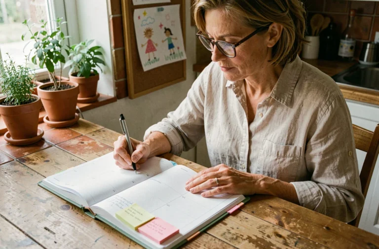Femme organisant le planning familial dans un agenda hebdomadaire coloré sur une table en bois dans une cuisine chaleureuse