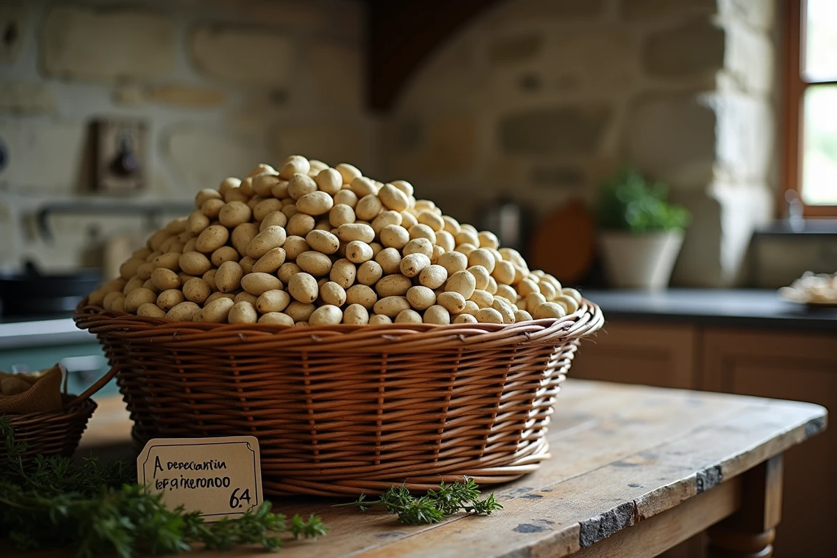 Panier de haricots coco de Paimpol frais posé sur une table en bois dans une ferme bretonne