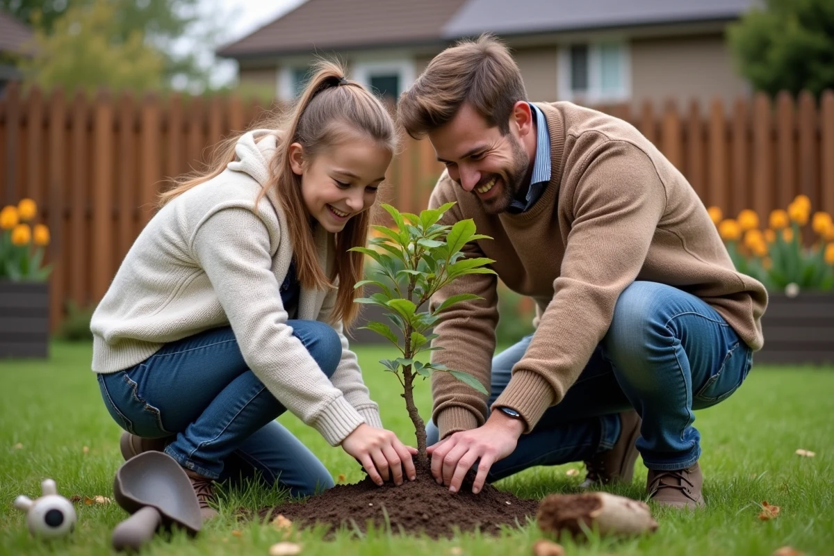 Père et fille plantant un arbre dans le jardin