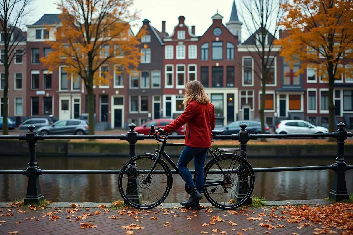 Canal d'Amsterdam avec maisons à pignon en escalier et une femme néerlandaise attachant son vélo au bord de l'eau en automne