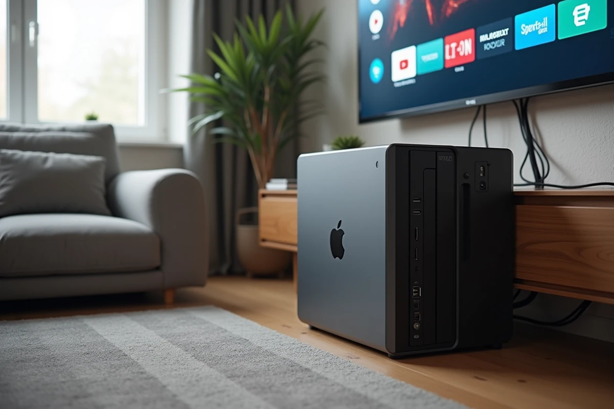 PC de bureau connecté à un téléviseur affichant l'interface Android TV dans un salon