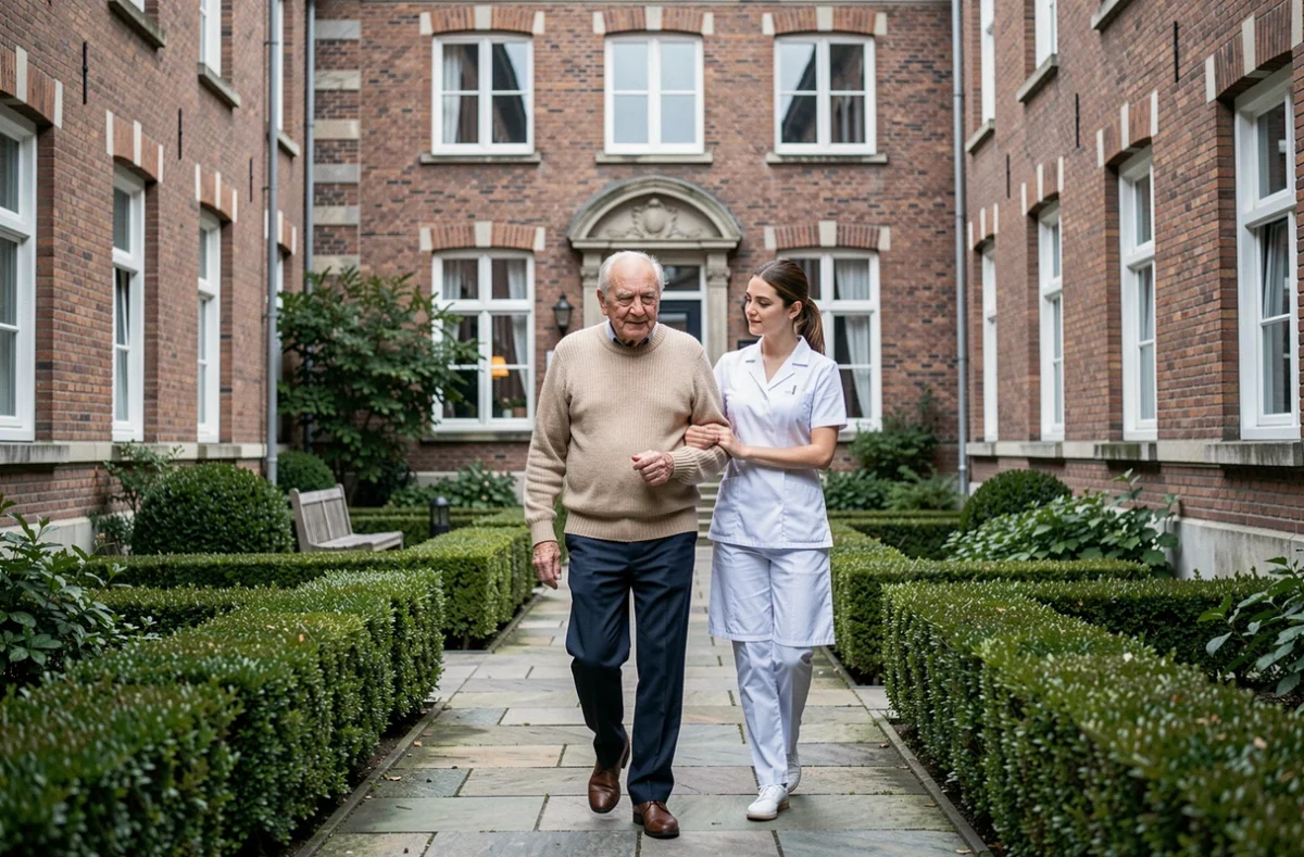 Un homme âgé se promenant dans la cour d'une maison de retraite belge accompagné d'une soignante, illustrant la qualité de vie en établissement senior
