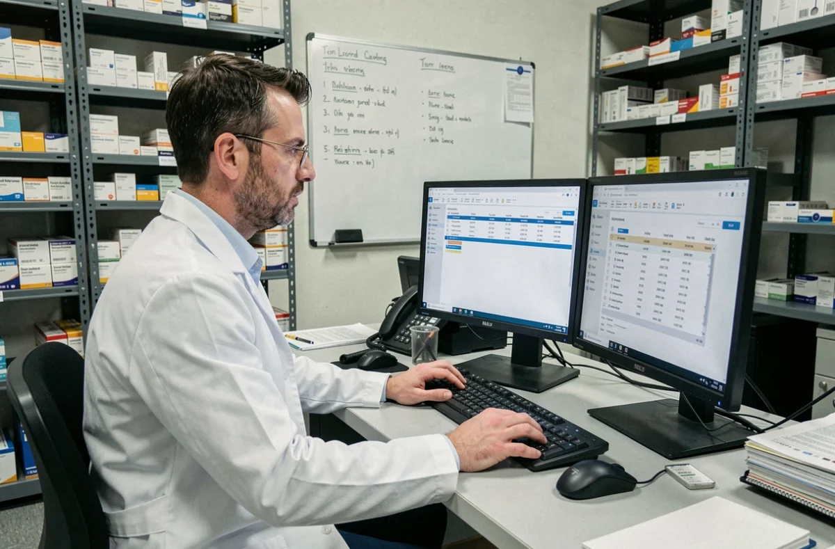 Pharmacien en arrière-boutique analysant un logiciel de gestion de stocks sur un double écran d'ordinateur dans une officine professionnelle