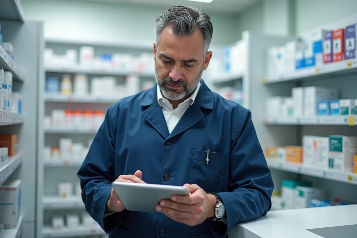 Pharmacien utilisant une tablette pour explorer les ressources du site Pharmidea en officine
