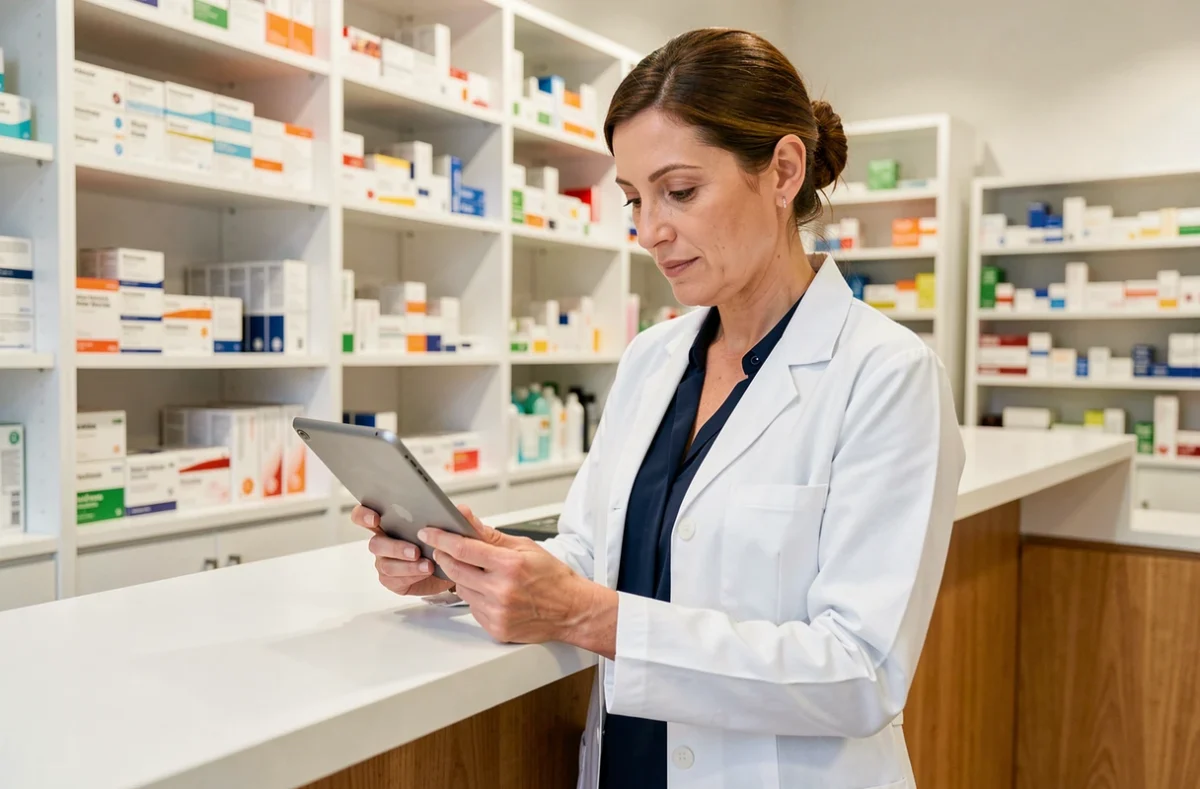 Pharmacienne consultant une tablette numérique derrière le comptoir d'une pharmacie moderne pour gérer ses solutions professionnelles au quotidien