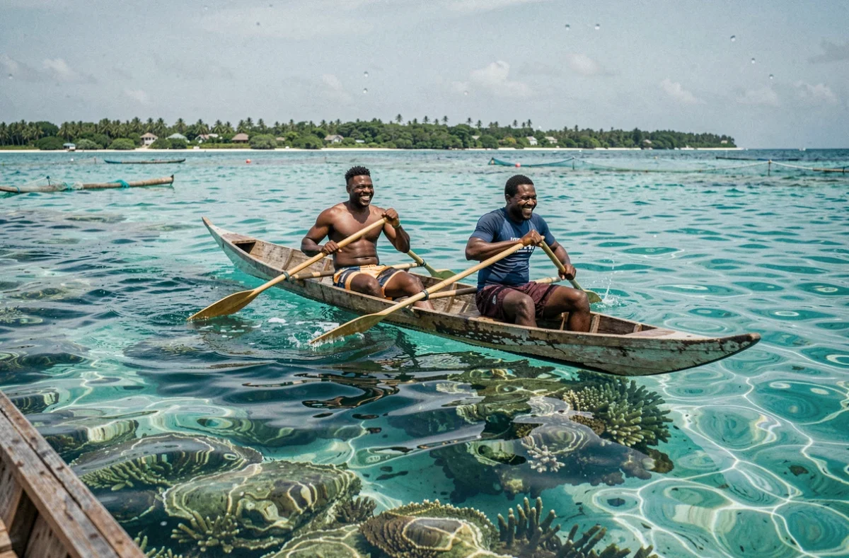 Deux hommes malgaches en pirogue traditionnelle sur les eaux turquoise de Nosy Be, activité nautique et loisirs balnéaires à Madagascar
