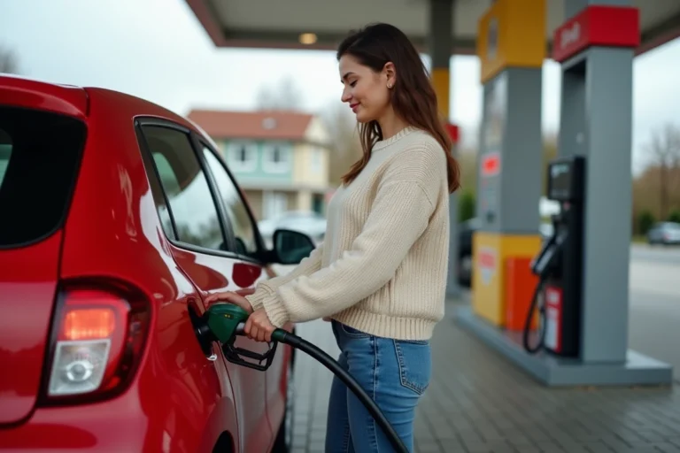 Femme faisant le plein d'une Renault Twingo 3 essence dans une station-service française