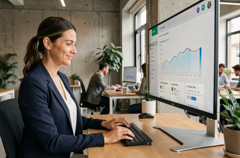 Professionnelle analysant les nouveautés et mises à jour d'une plateforme numérique sur son écran de bureau