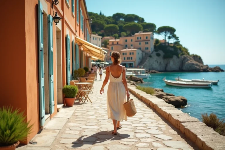Femme se promenant sur une promenade en pierre le long d'un port méditerranéen français ensoleillé avec des façades colorées