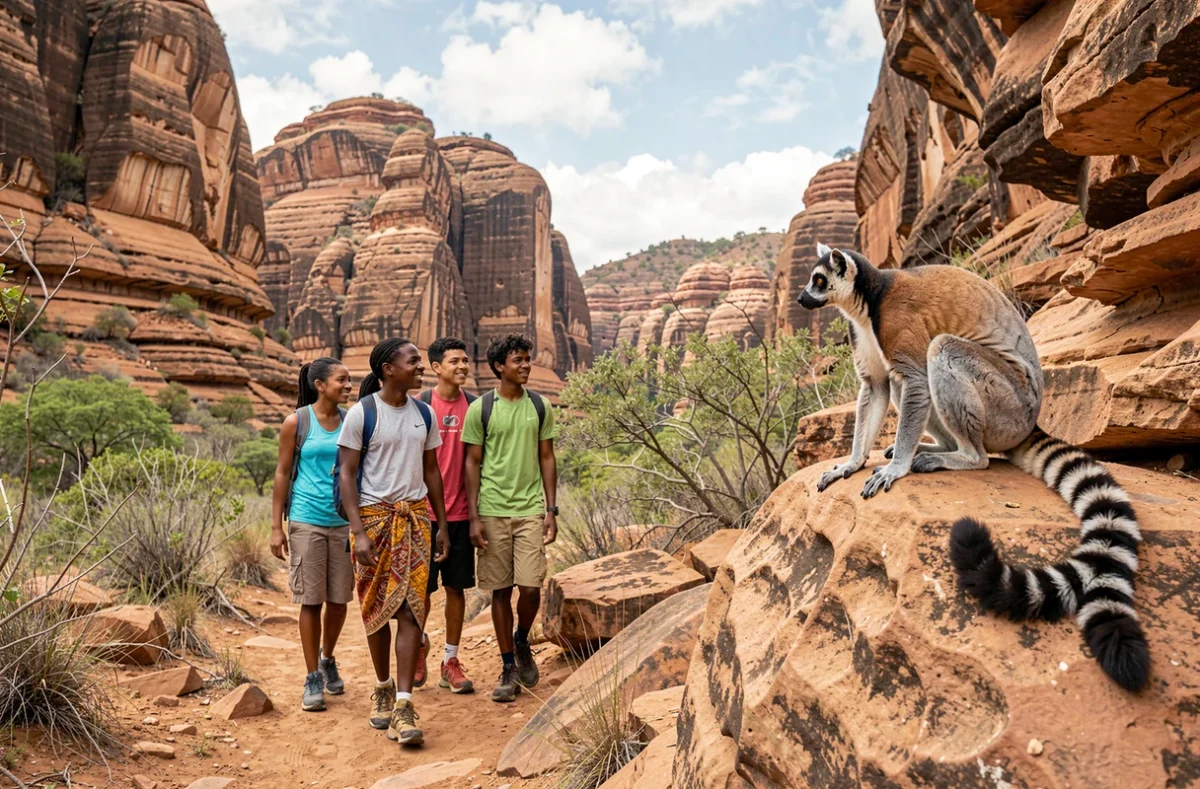 Famille malgache observant un lémur queue annelée dans le parc national de l'Isalo, randonnée nature et écotourisme à Madagascar