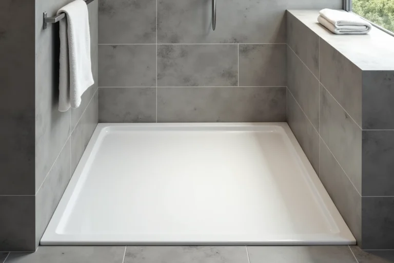 Receveur de douche rectangulaire blanc encastré au sol dans une salle de bain moderne avec carrelage gris