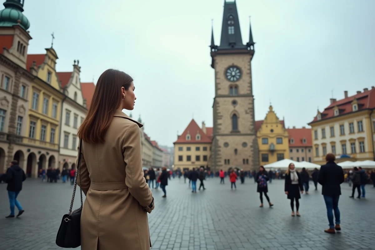 Place de la Vieille Ville de Prague avec l'horloge astronomique gothique et une jeune femme en imperméable