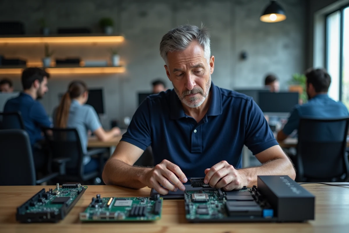 Technicien informatique réparant un ordinateur de bureau dans un espace de travail professionnel ouvert