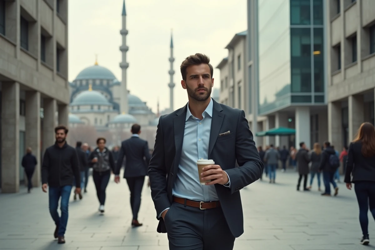 Rue moderne d'Istanbul en Turquie avec un homme en blazer tenant un café, un minaret de mosquée visible en arrière-plan dans la brume