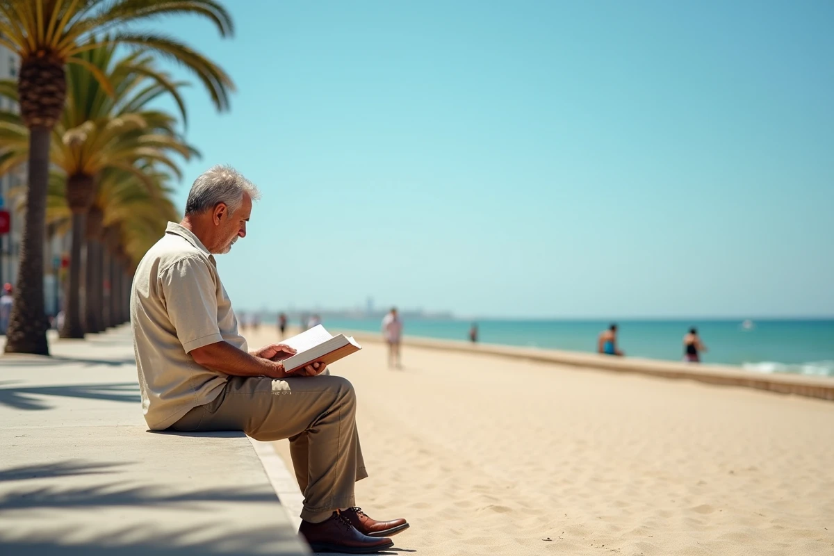 Promenade côtière de la Rambla à Montevideo en Uruguay avec un homme d'âge mûr lisant un livre au bord du fleuve
