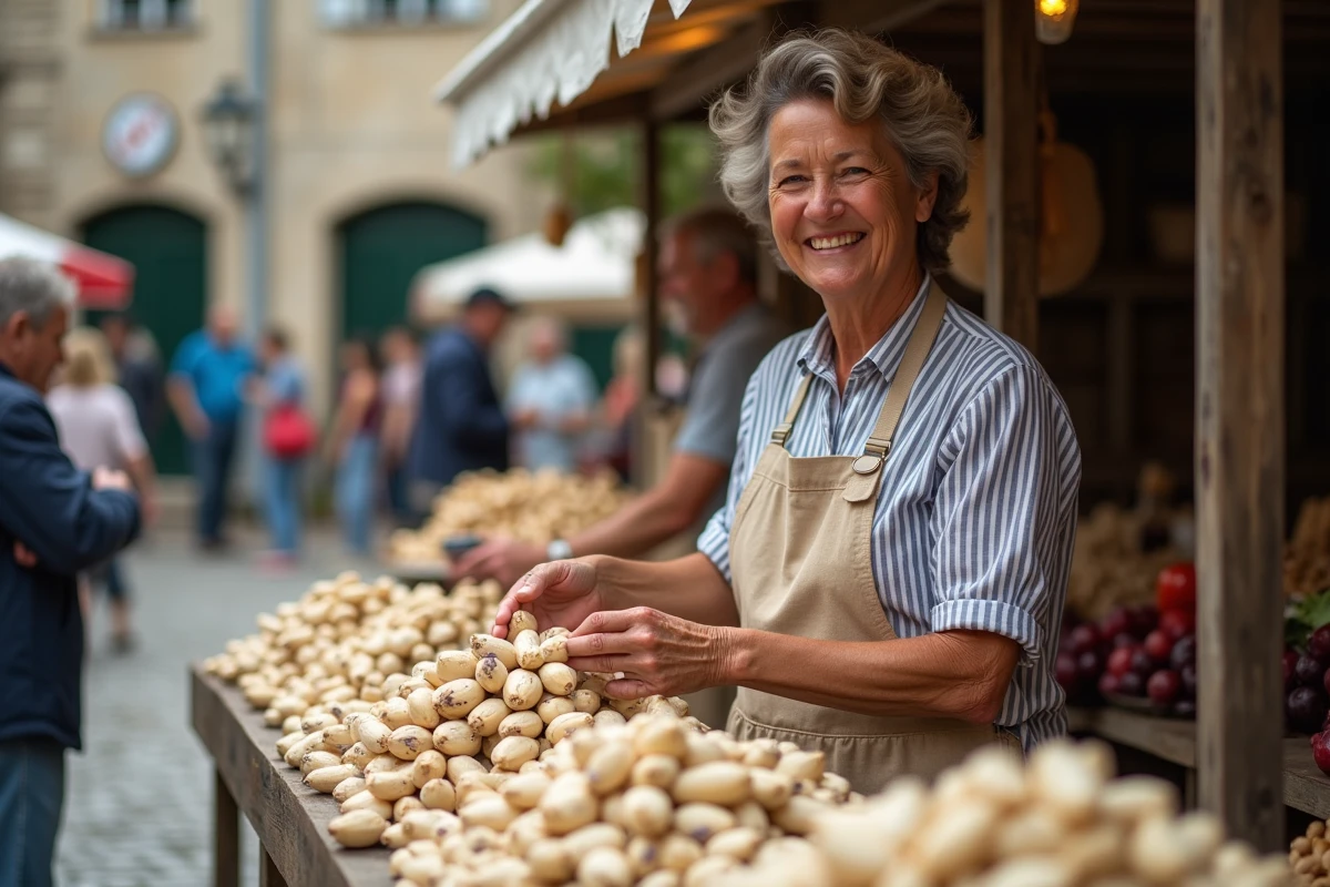 Vendeuse proposant des haricots coco de Paimpol frais sur un marché breton en vente directe