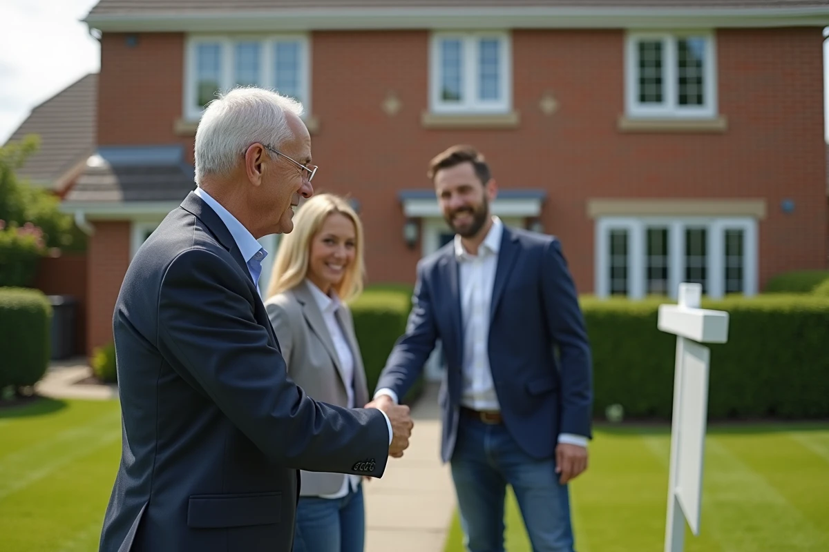 Homme d age et jeune couple devant une maison en transaction immobiliere