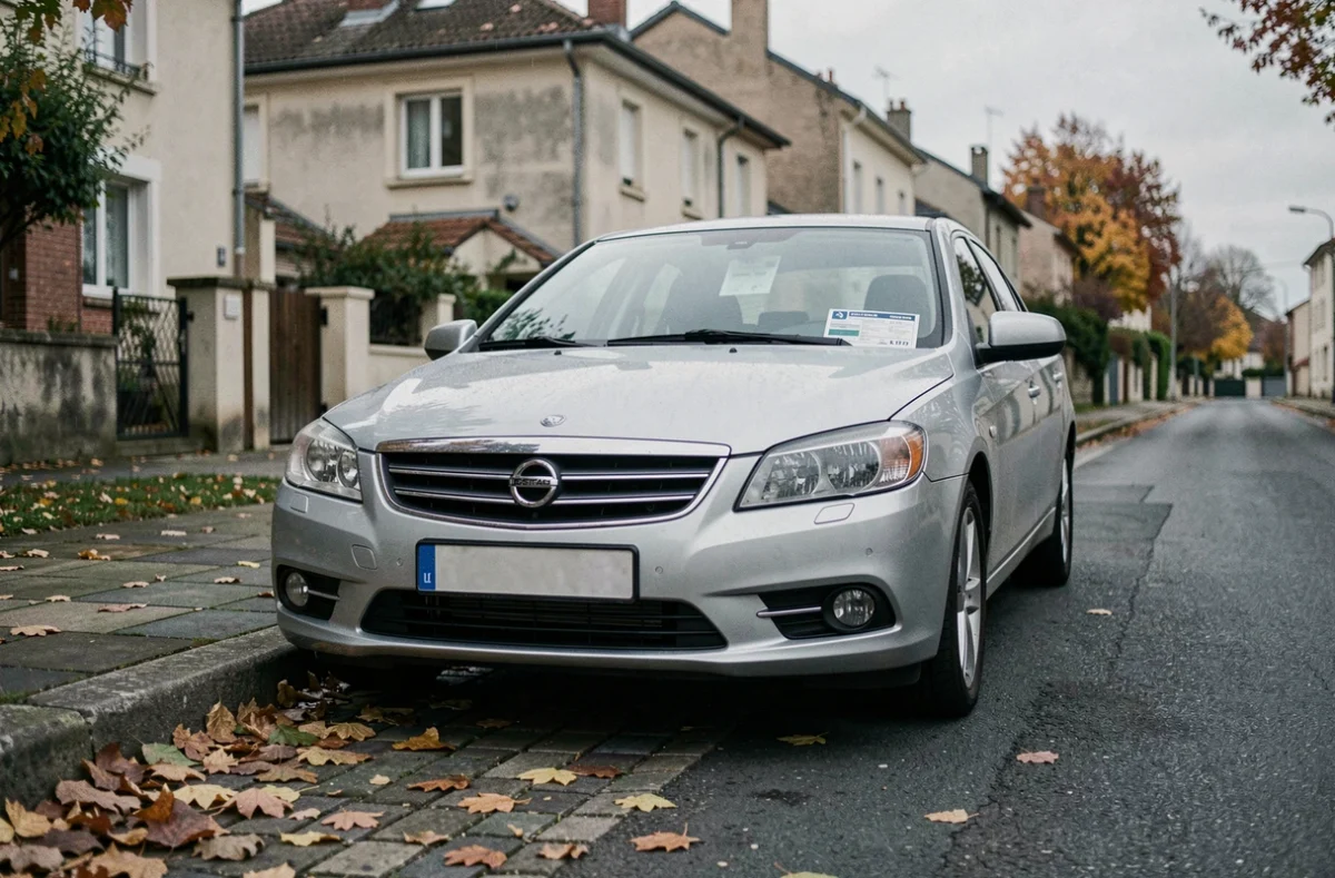 Voiture garée avec un avis de résiliation d'assurance auto placé sous l'essuie-glace dans une rue résidentielle française