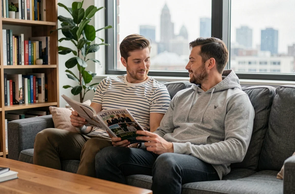 Deux hommes détendus ensemble dans un appartement moderne, dans une atmosphère intime et authentique illustrant la vie privée et le quotidien du compagnon de Yoann Usai