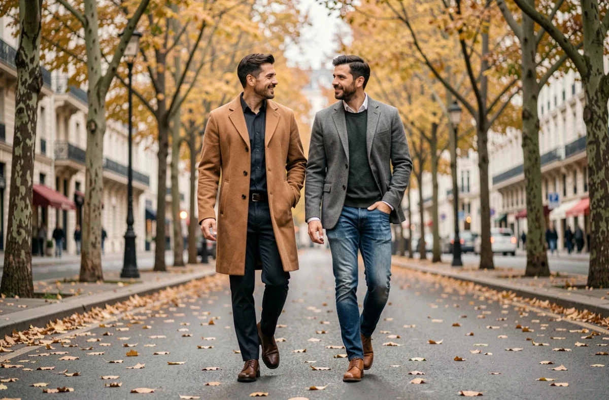 Deux hommes marchant côte à côte sur un boulevard parisien en automne, capturés dans un moment candide et décontracté, évoquant la relation discrète de Yoann Usai